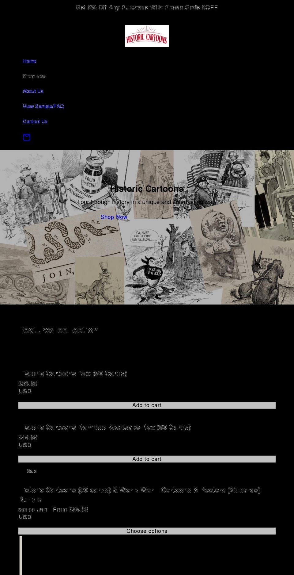 historiccartoons.com shopify website screenshot