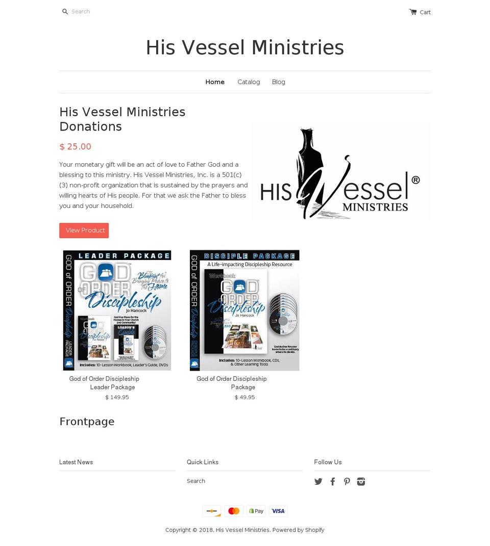 hisvesselministries.org shopify website screenshot