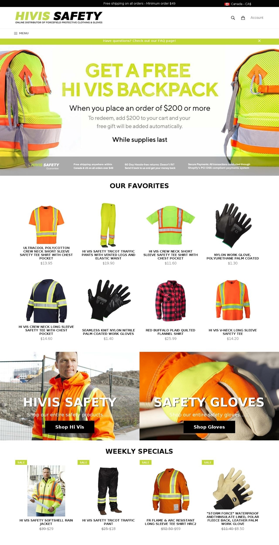 hivissafety.ca shopify website screenshot