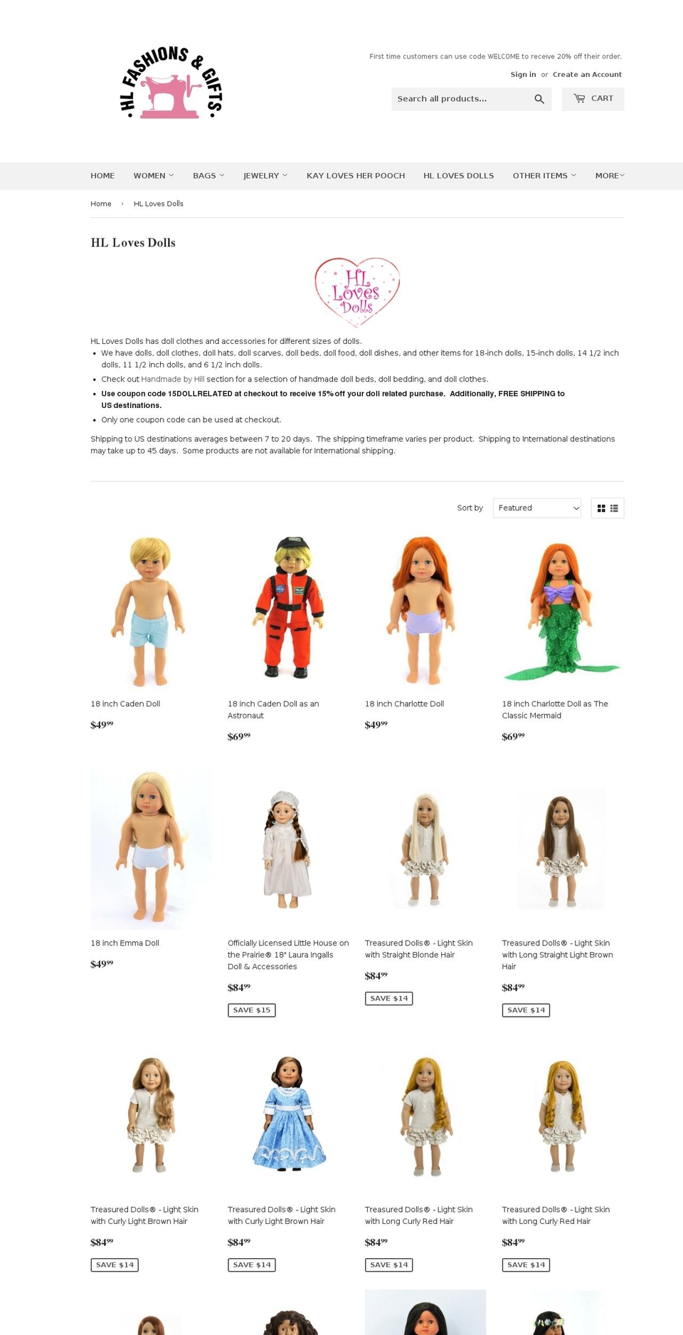 hllovesdolls.com — Shopify storefront screenshot