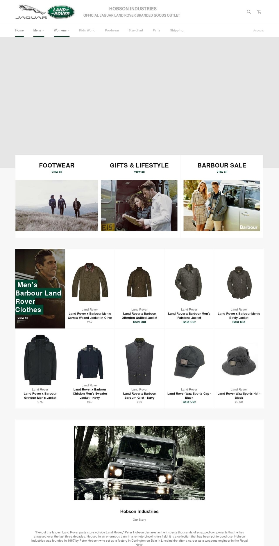 hobsonlandrovermerchandise.com — Shopify storefront screenshot