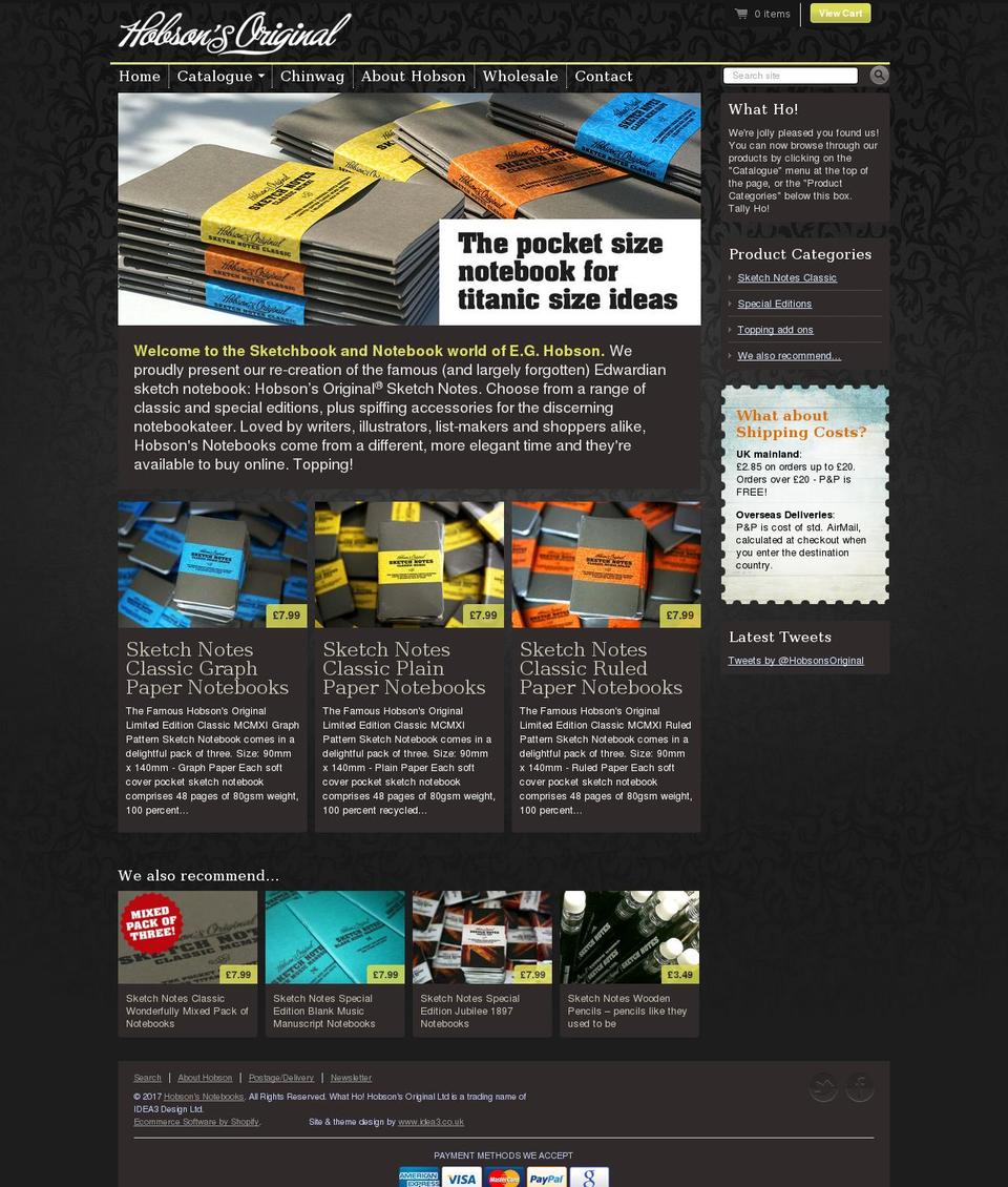 hobsons-notebooks.com shopify website screenshot