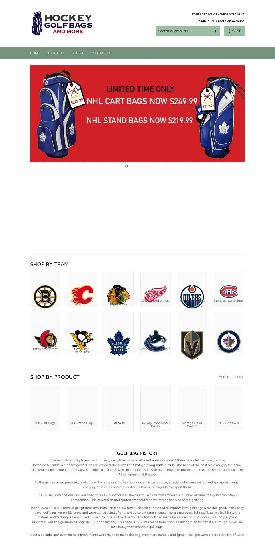 hockeygolfbags.com shopify website screenshot