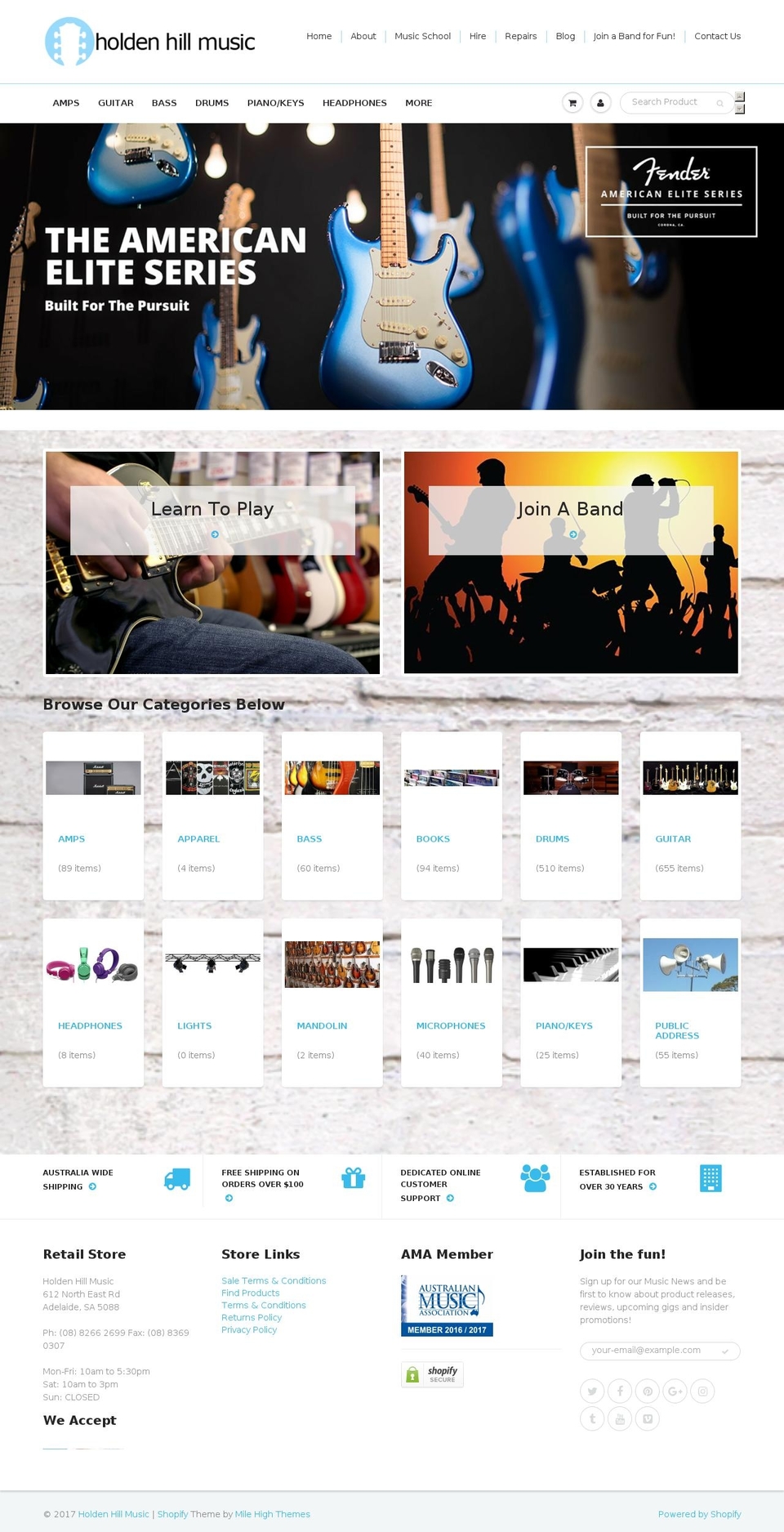 holdenhillmusic.com.au shopify website screenshot