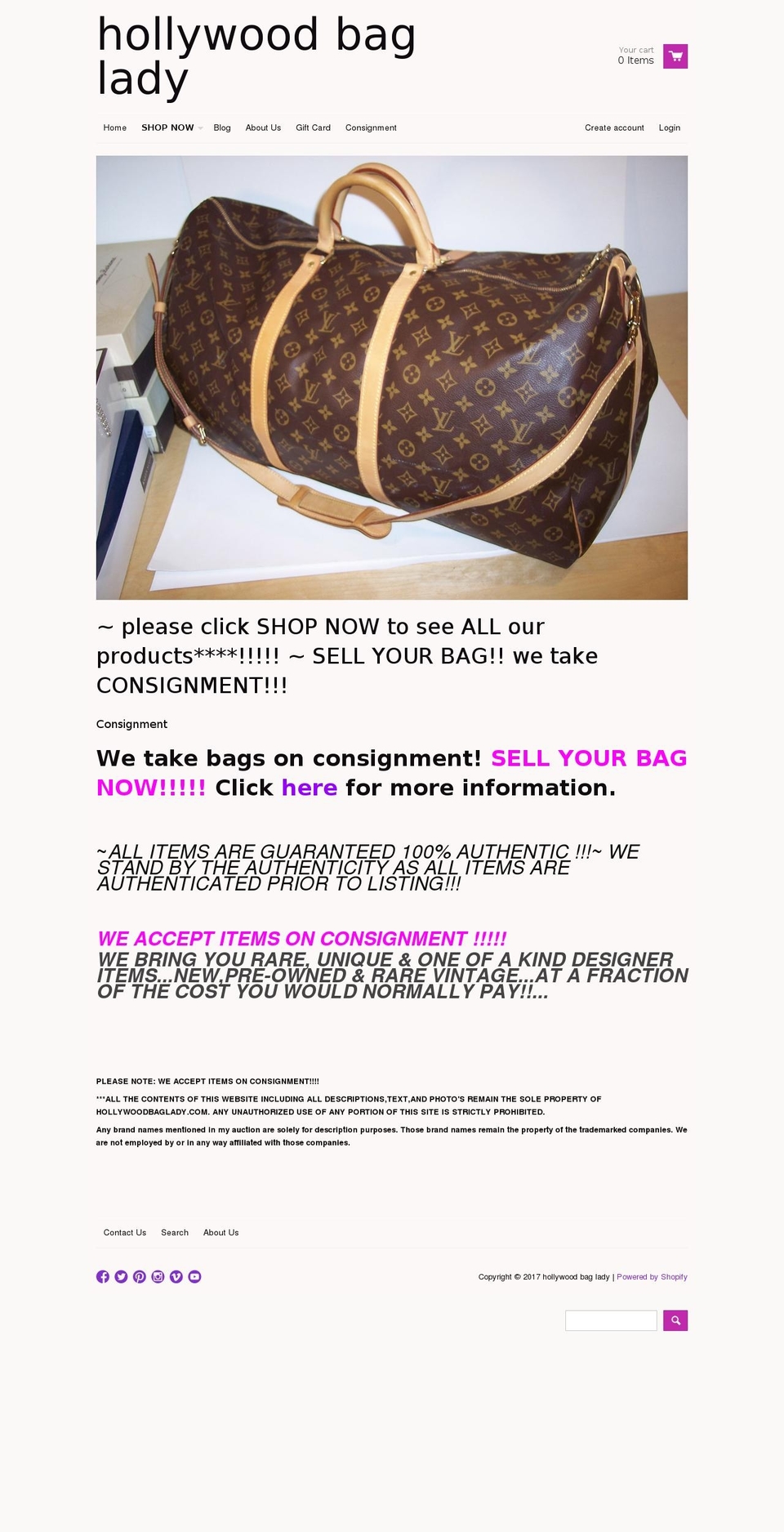 hollywoodsbaglady.com shopify website screenshot