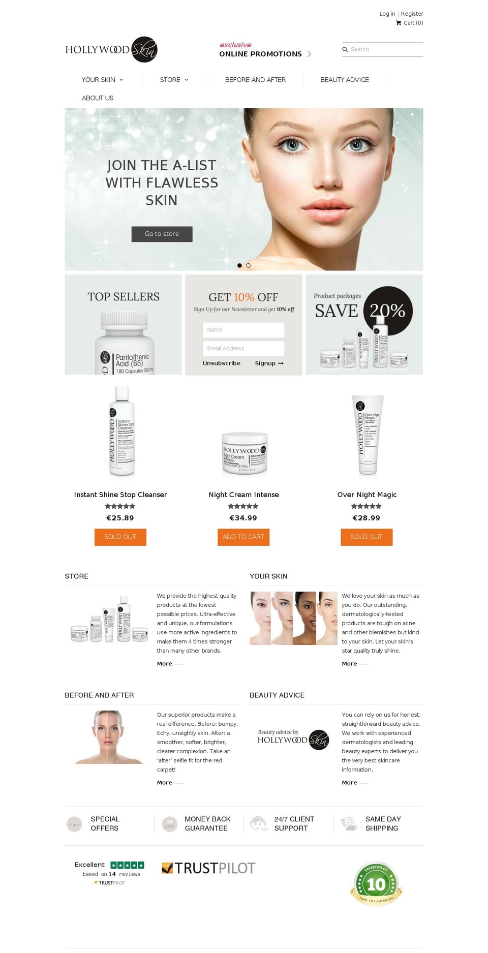 hollywoodskin.com shopify website screenshot