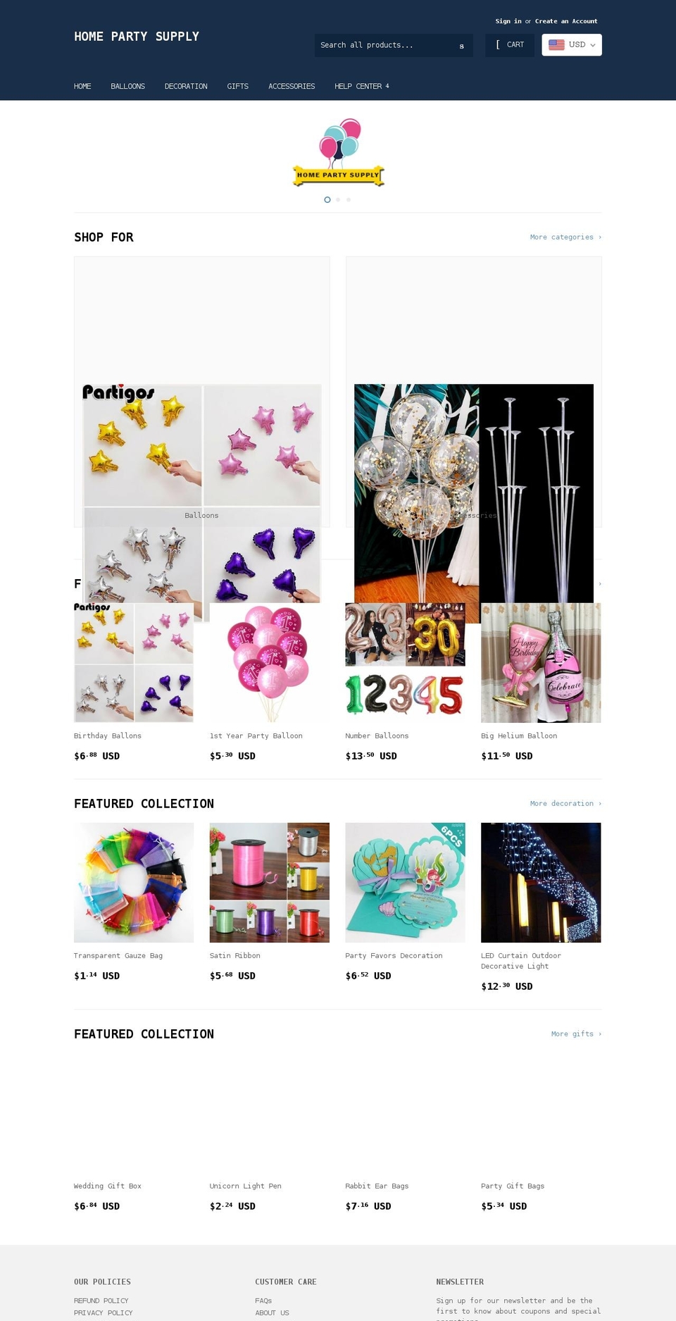 homepartysupply.com shopify website screenshot
