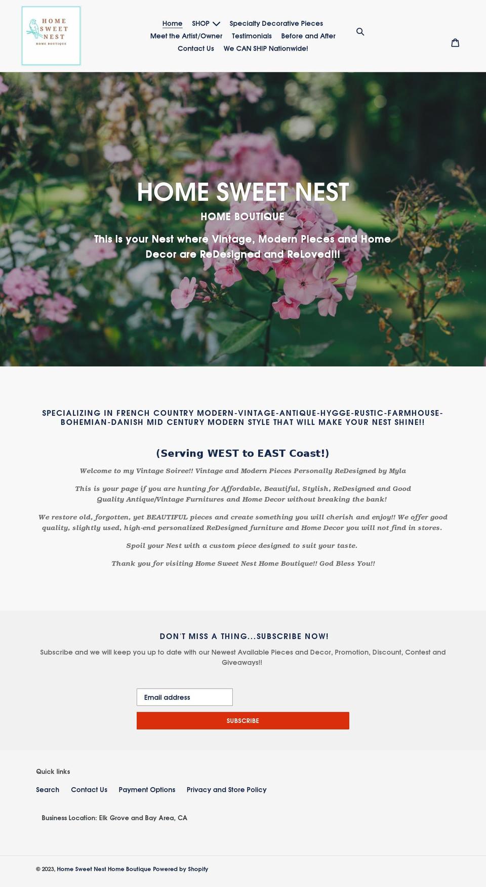 homesweetnesthomeboutique.com shopify website screenshot