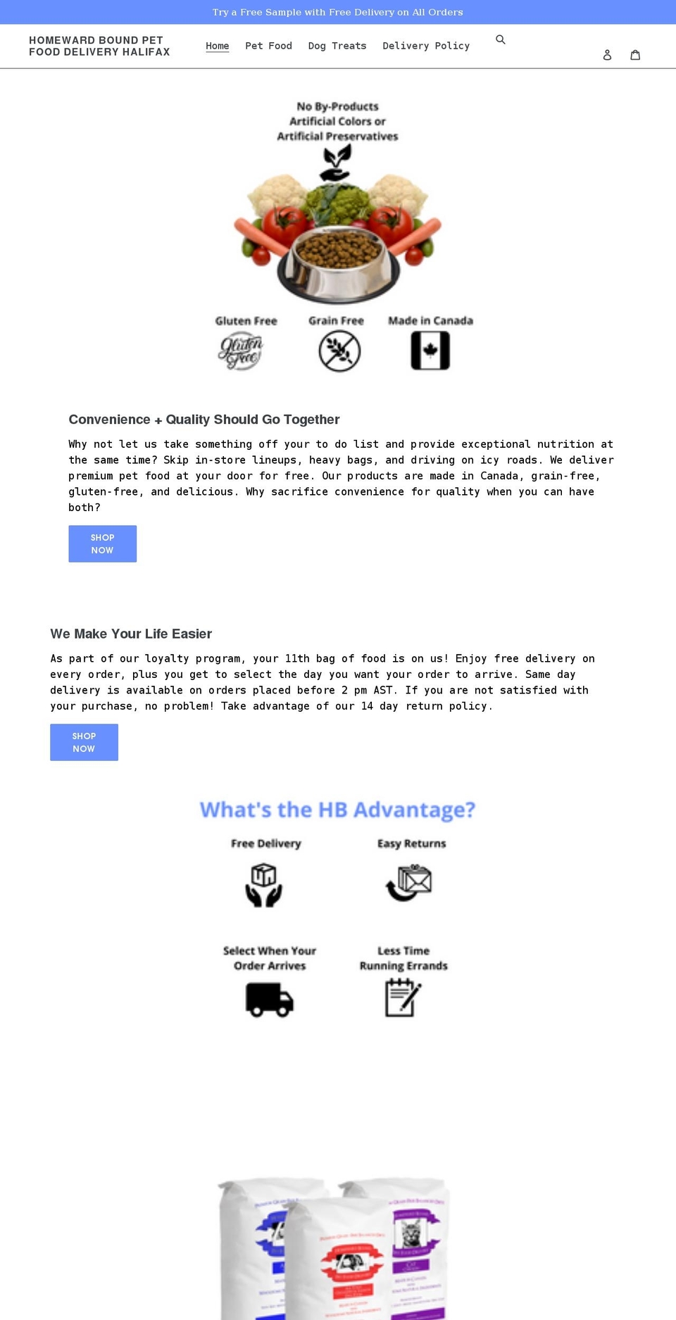 homewardboundpetfooddeliveryhalifax.com shopify website screenshot