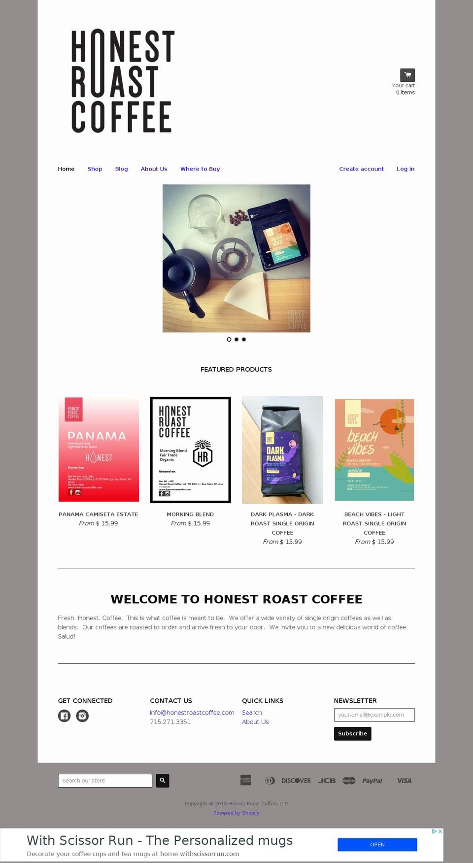 honestroastcoffee.com — Shopify storefront screenshot