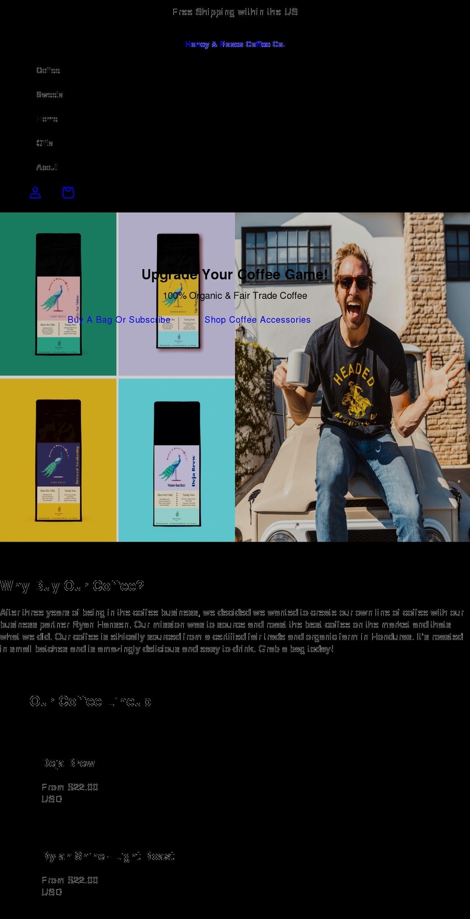 honeyandrosescoffee.com shopify website screenshot