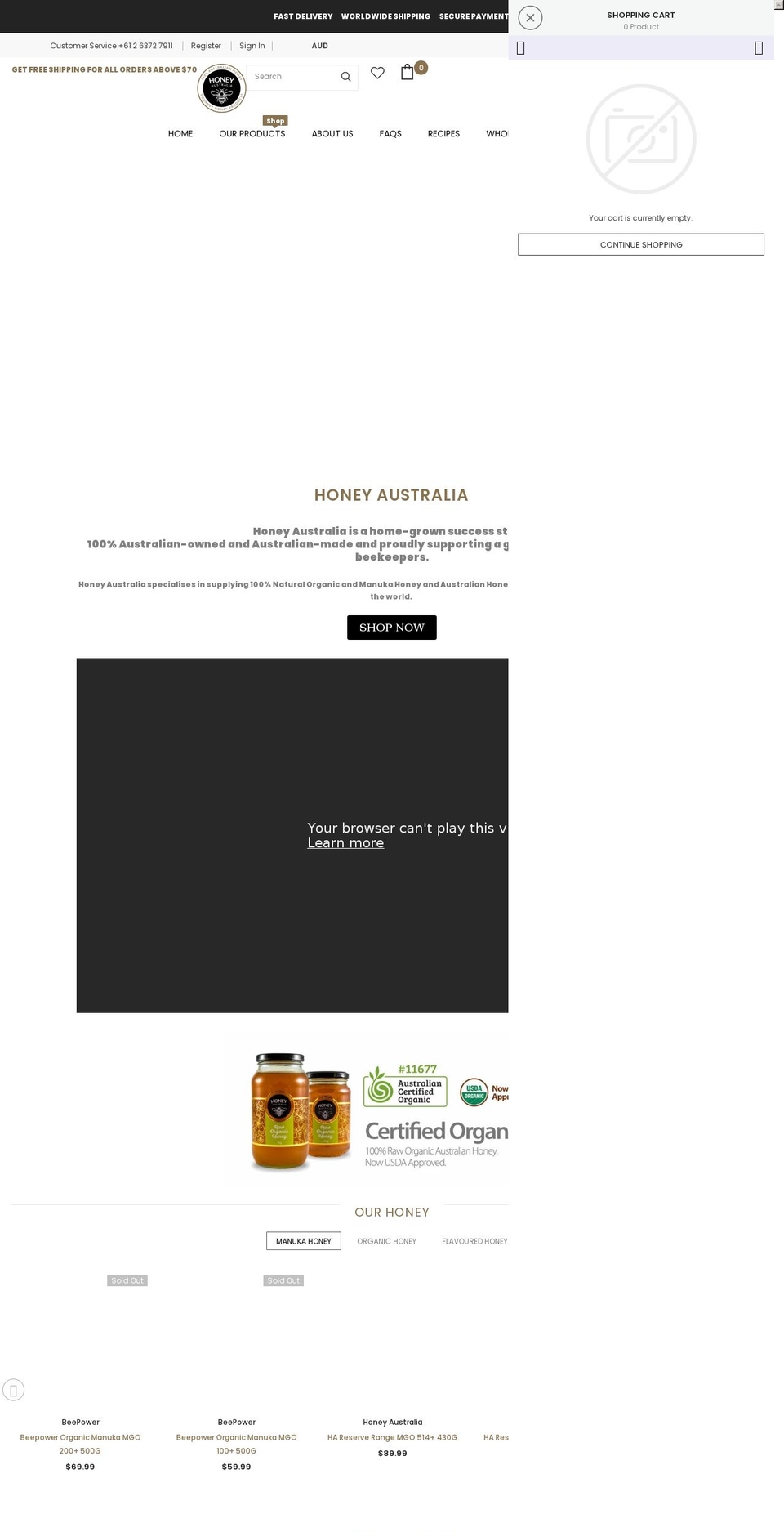 honeyaustralia.net.au shopify website screenshot