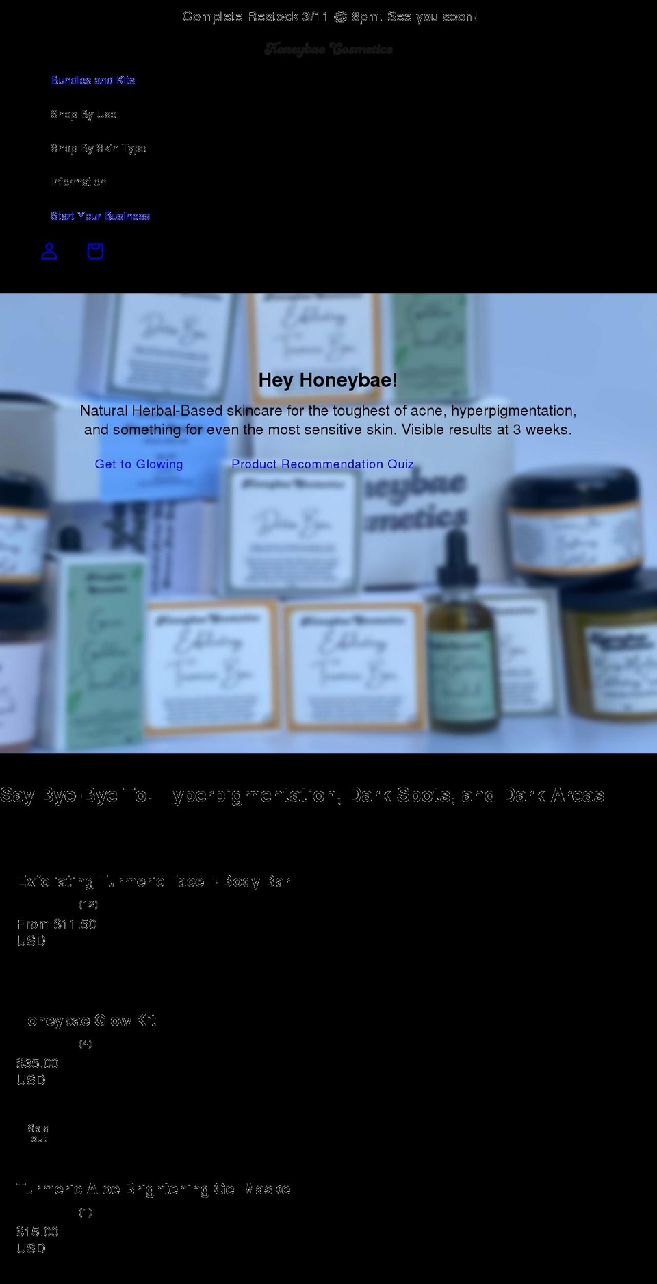 honeybaecosmetics.com shopify website screenshot