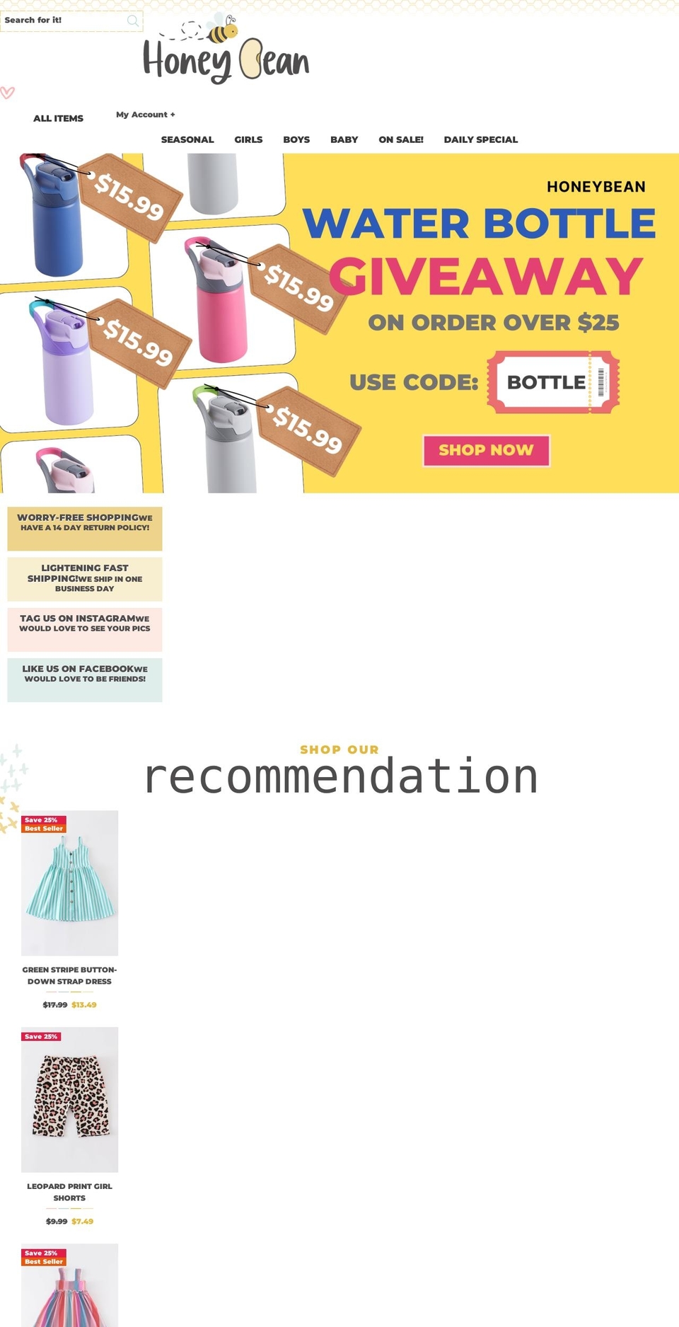 honeybeankids.com shopify website screenshot