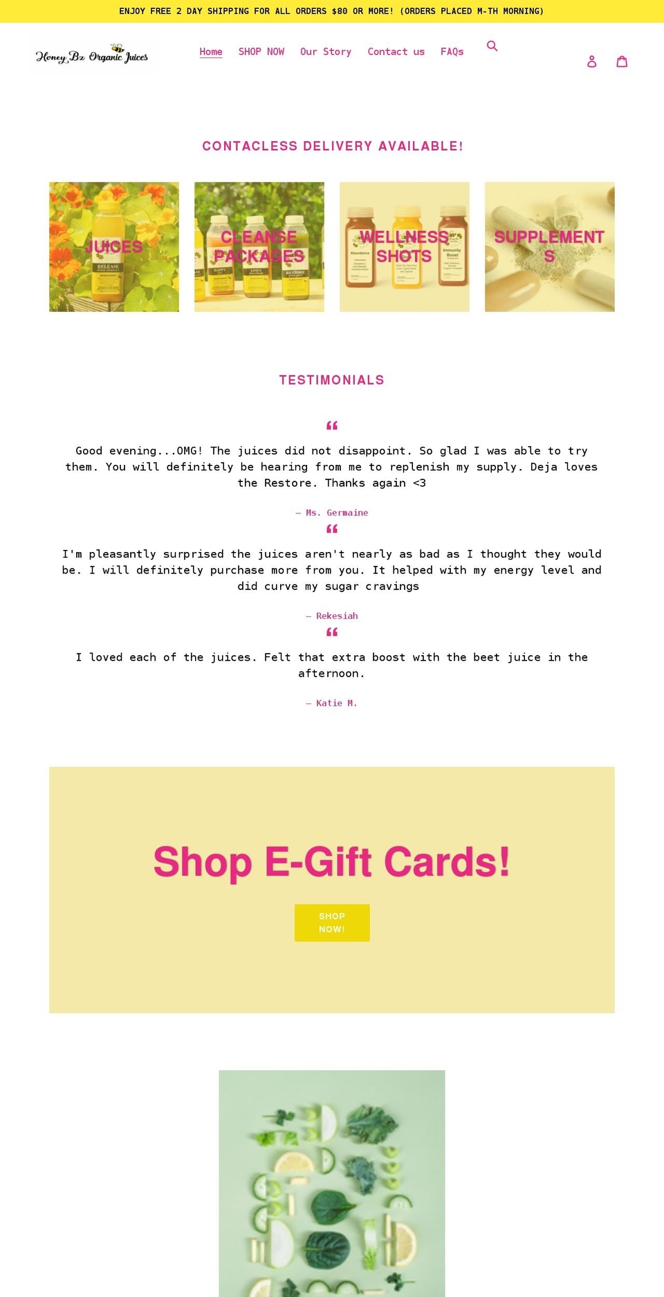 honeybeesorganicjuices.com shopify website screenshot