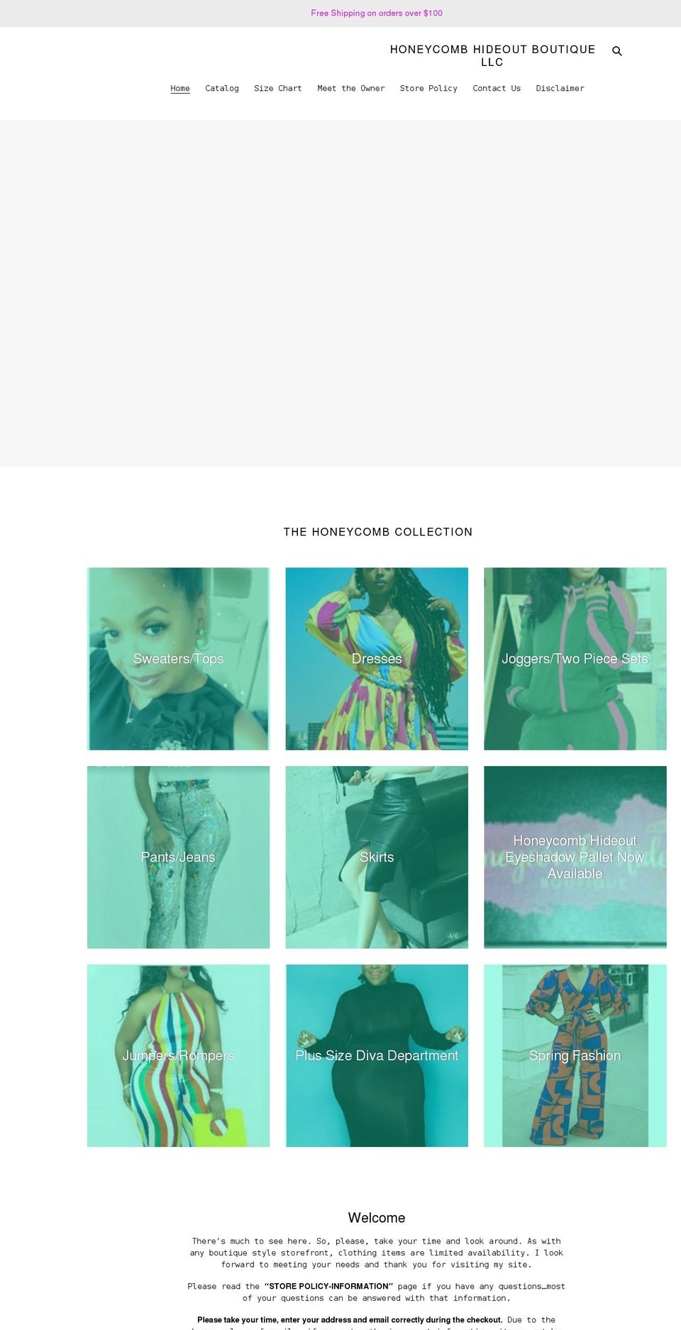 honeycombhideoutboutique.com shopify website screenshot