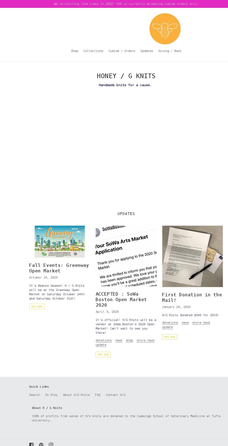 honeygknits.com shopify website screenshot