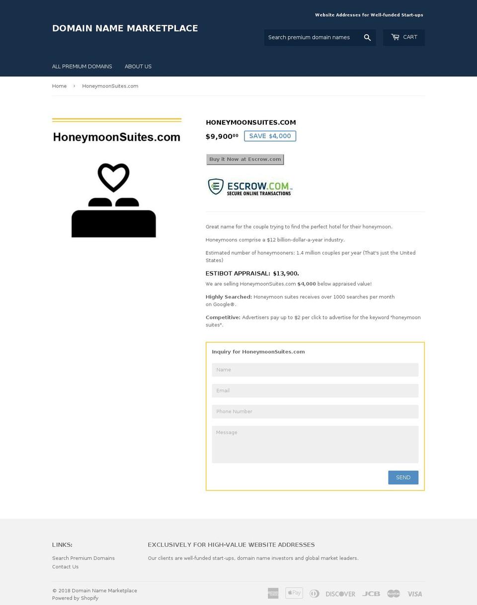 honeymoonsuites.com — Shopify storefront screenshot