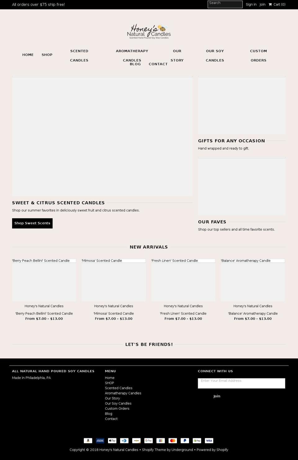 honeysnaturalcandles.com shopify website screenshot