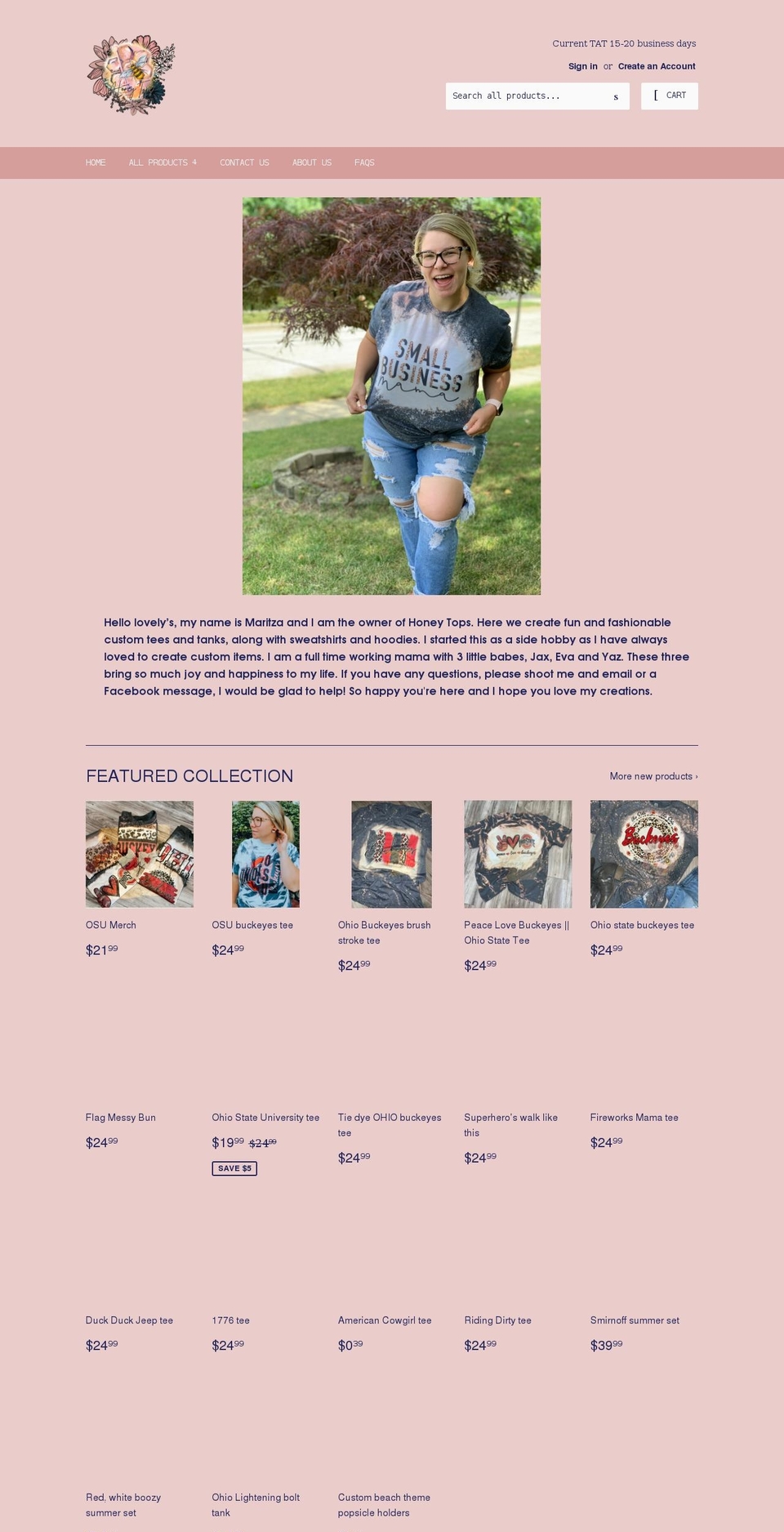 honeytops.com shopify website screenshot