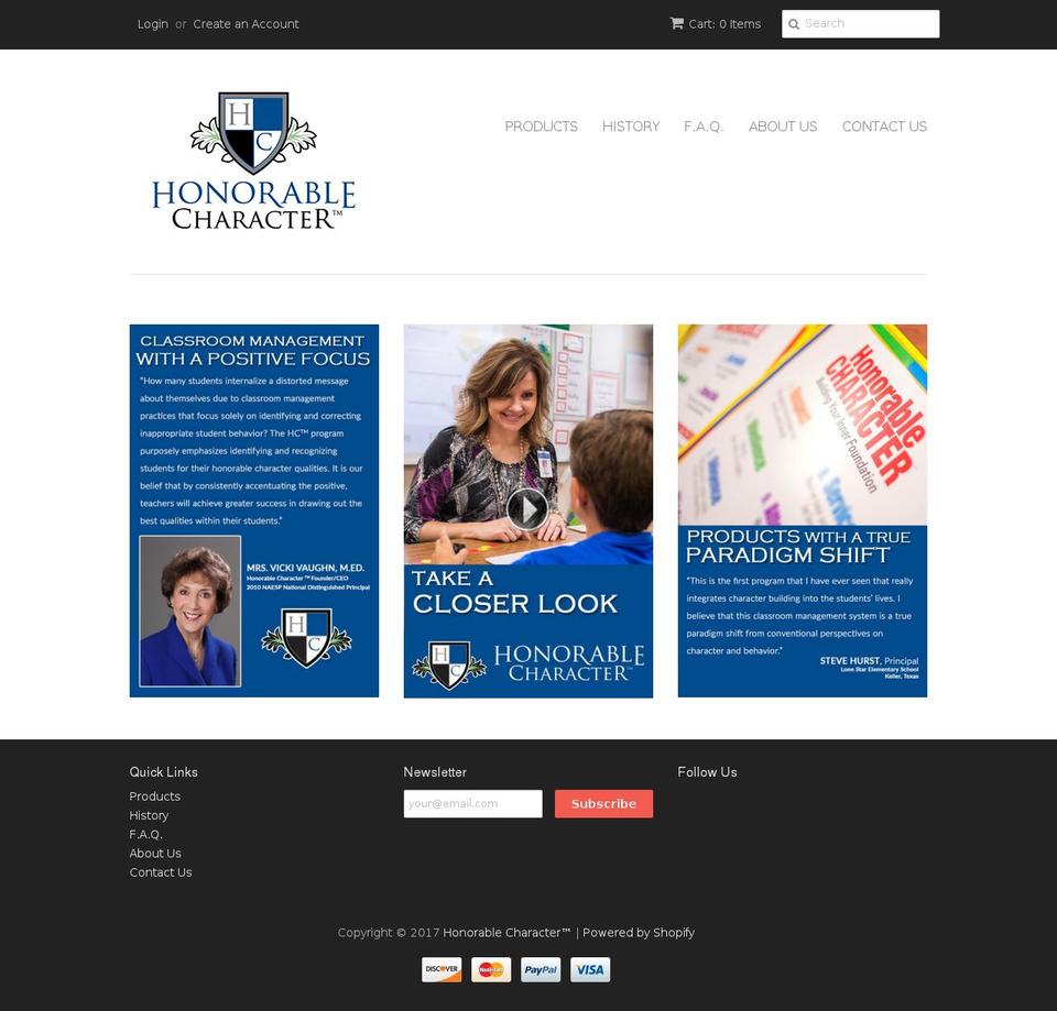 honorablecharacter.com shopify website screenshot