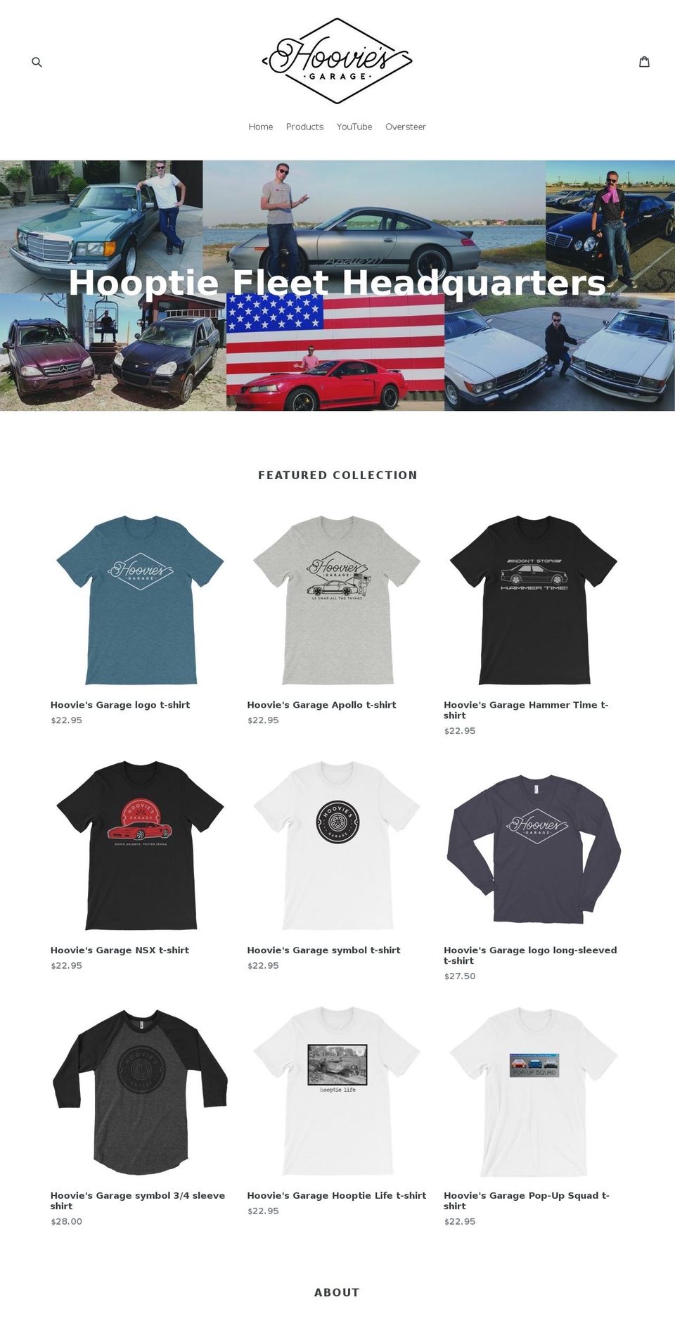 hooviesgarage.com — Shopify storefront screenshot