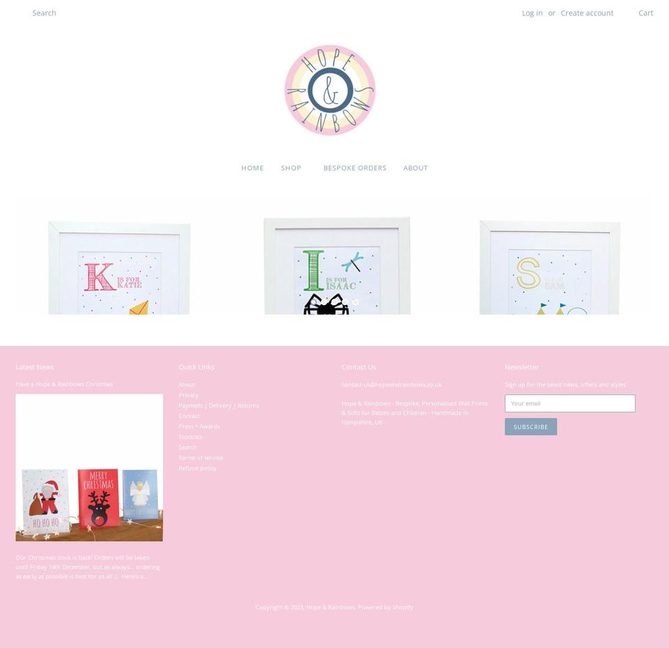 hopeandrainbows.co.uk shopify website screenshot