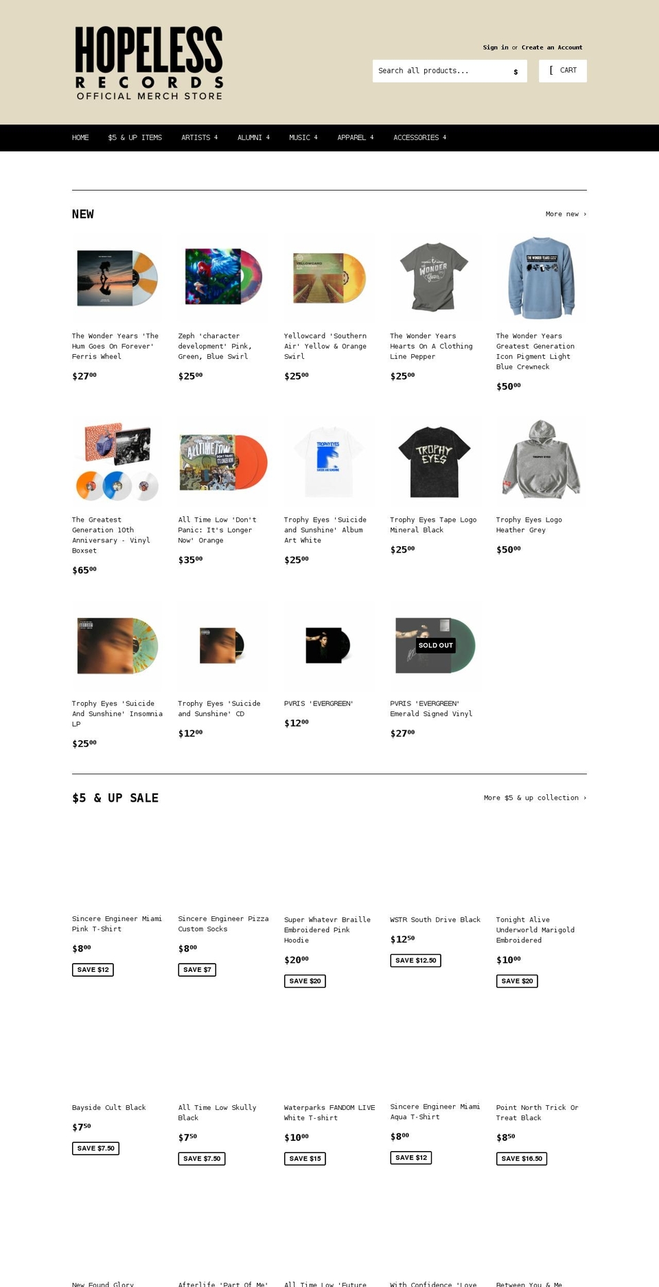 hopelessrecords.myshopify.com shopify website screenshot