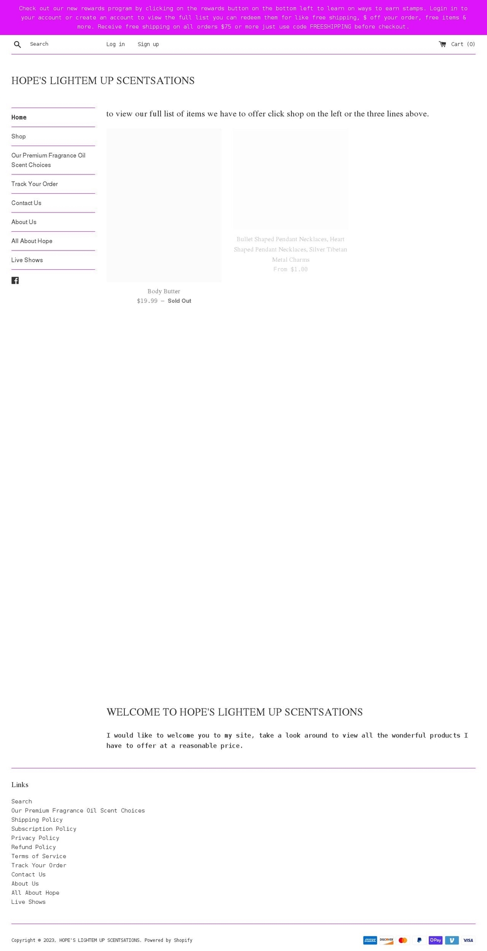 hopeslightemupscentsations.com shopify website screenshot