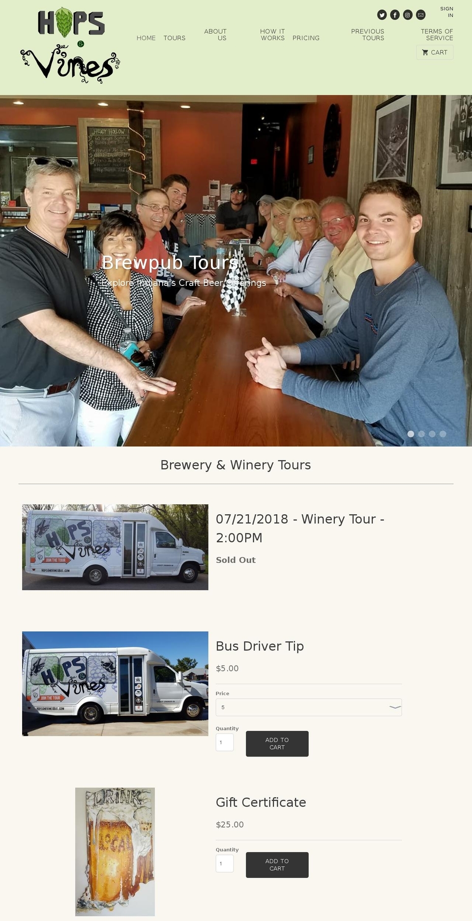 hopsandvinesbus.com — Shopify storefront screenshot