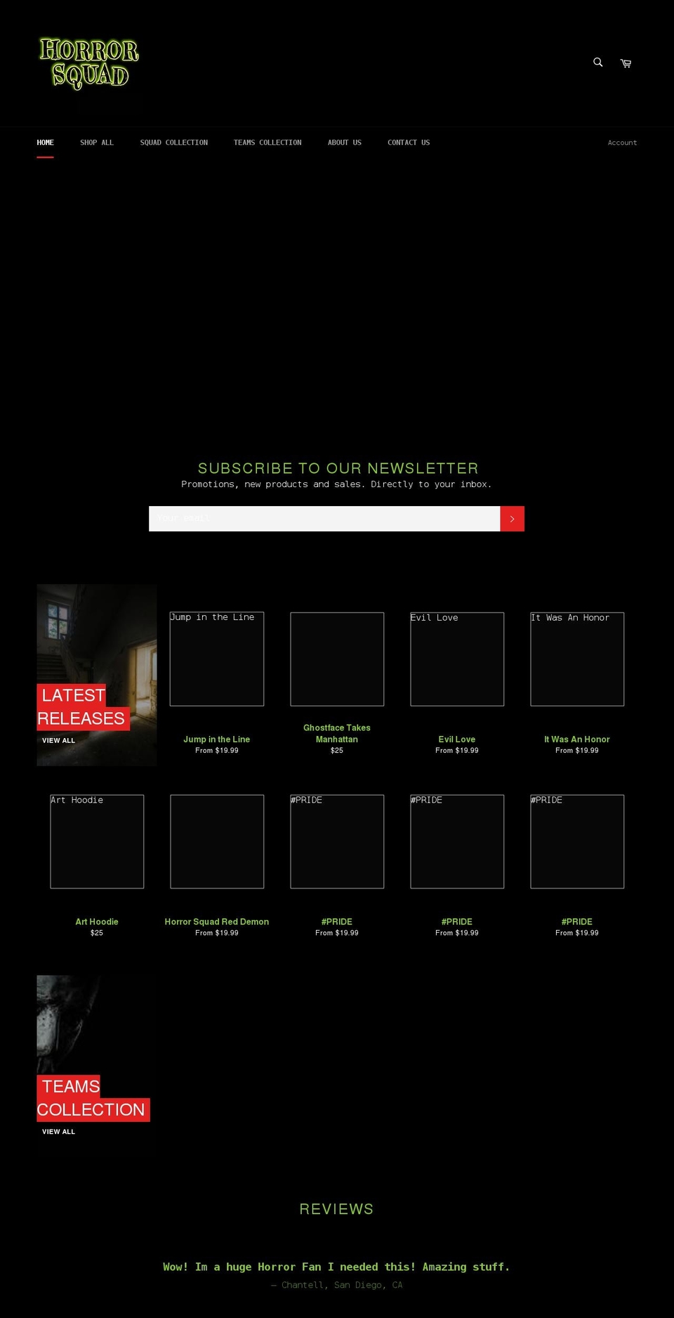 horrorsquadshop.com shopify website screenshot