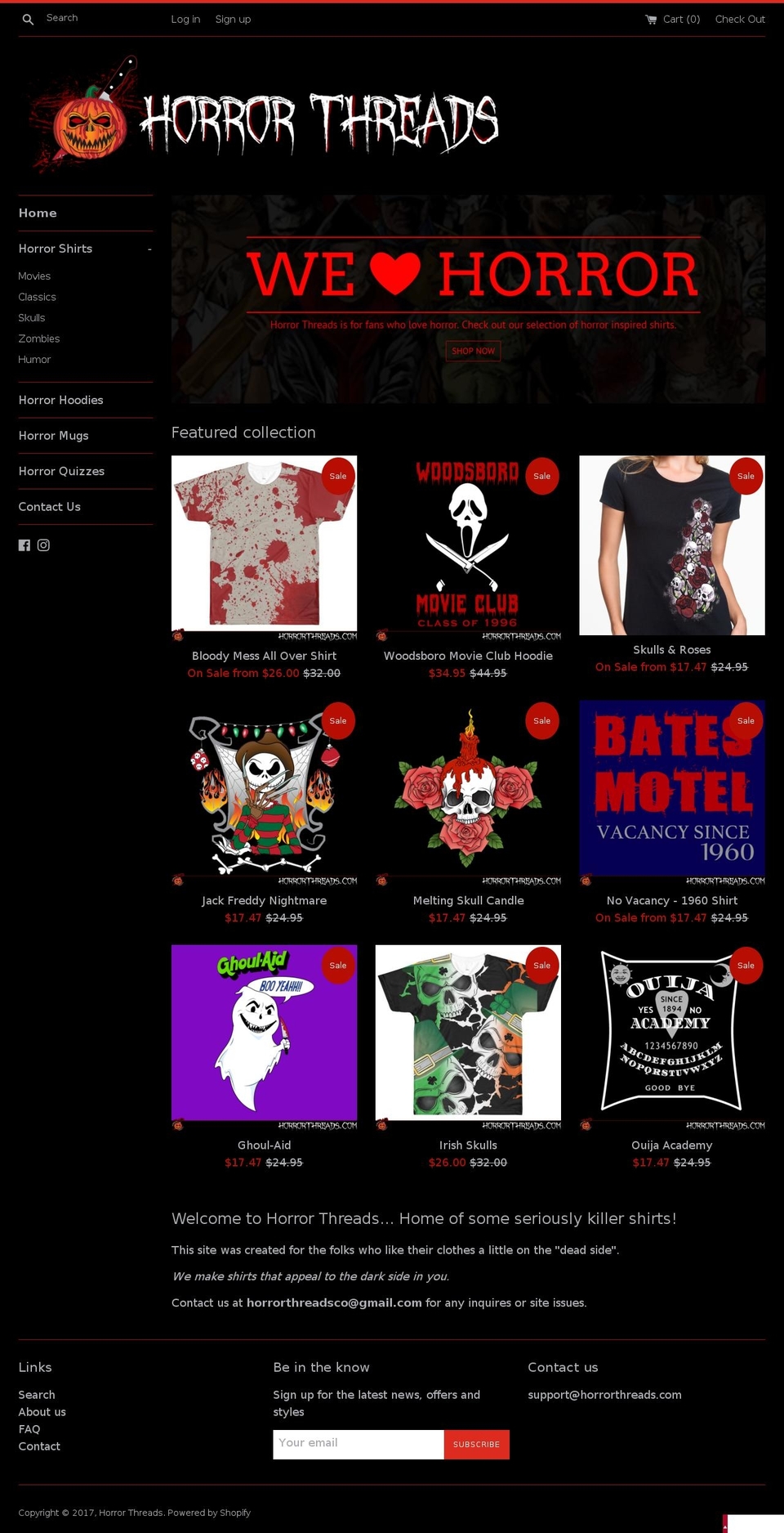 horrorthreads.com shopify website screenshot