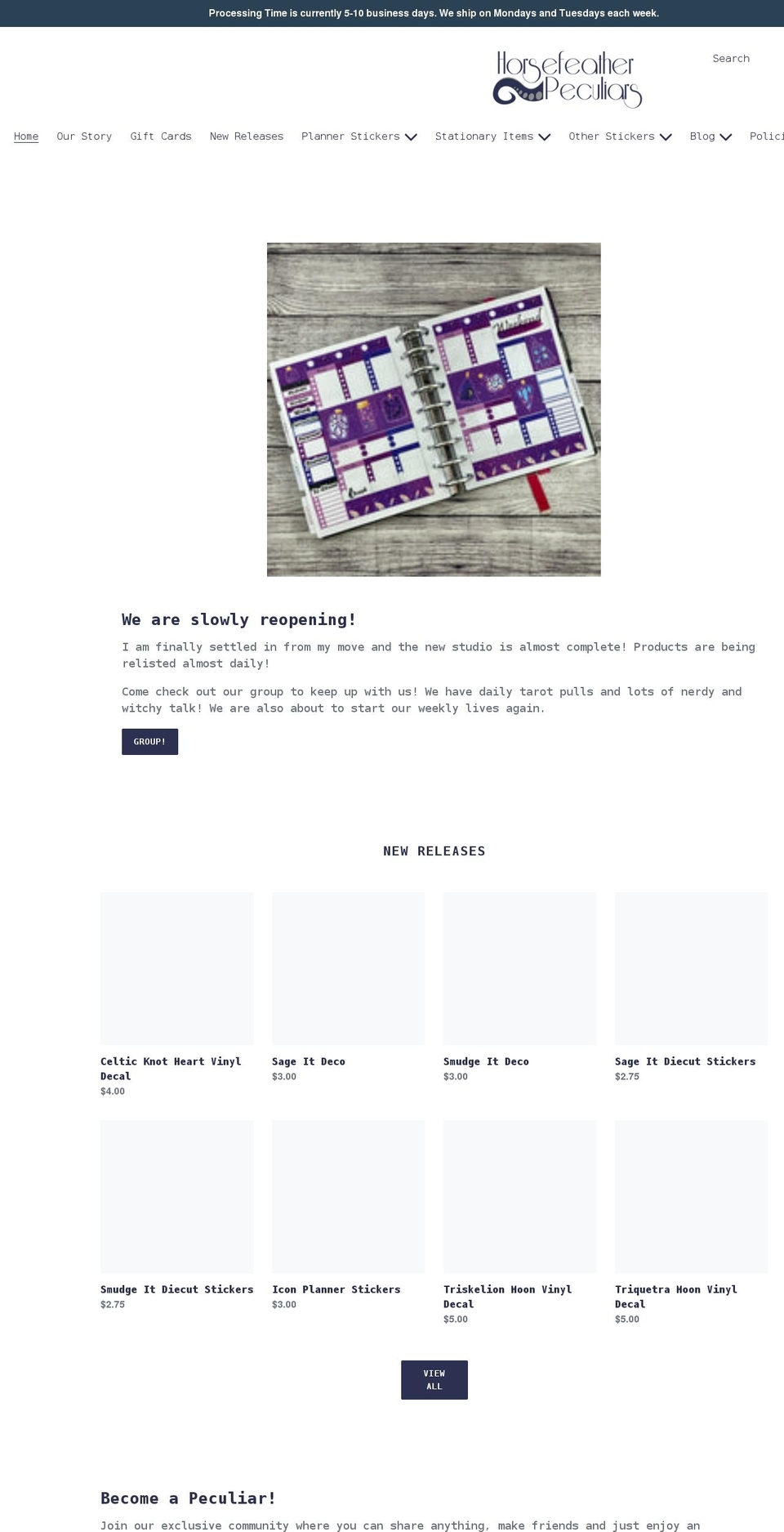 horsefeatherpeculiars.com shopify website screenshot