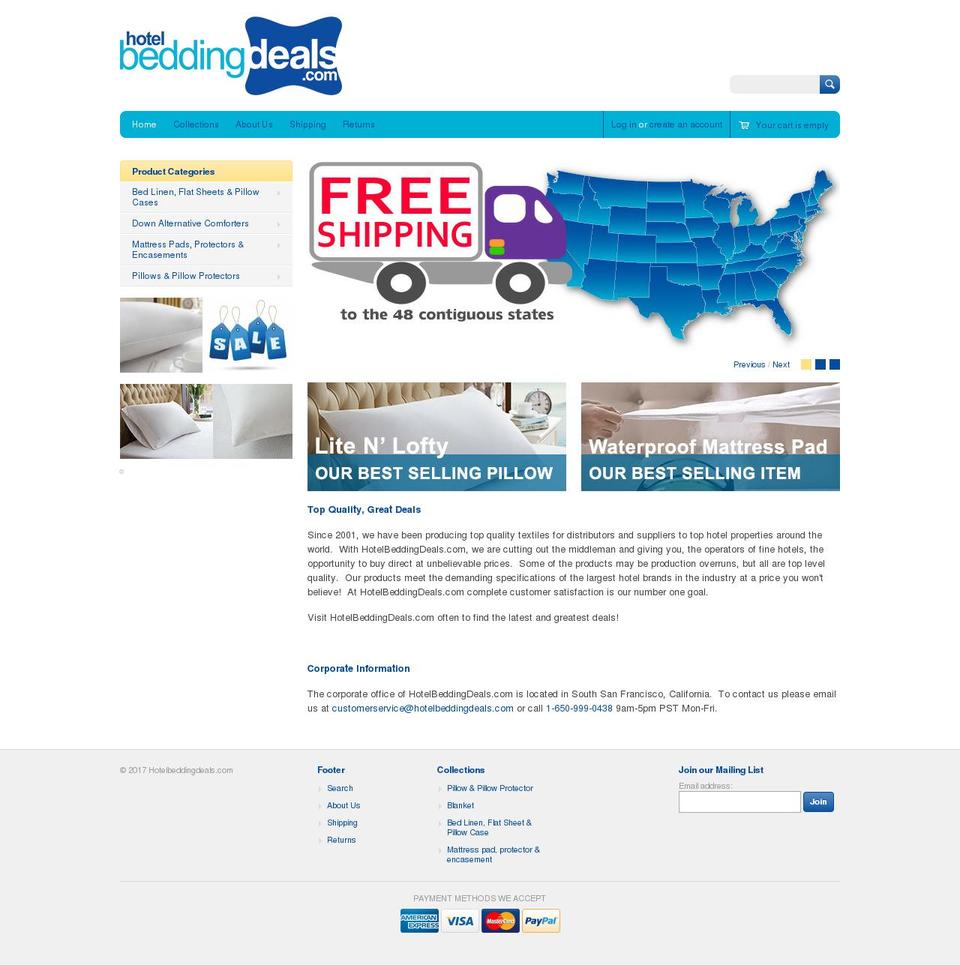 hotelbeddingdeals.com shopify website screenshot