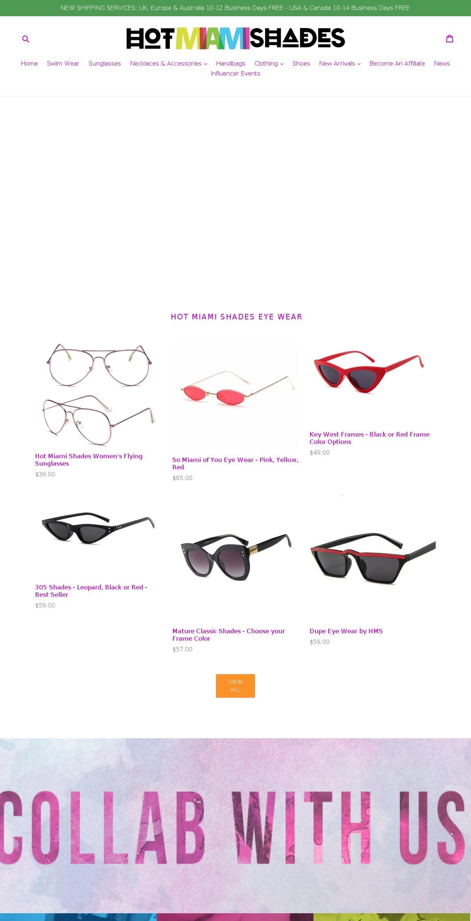 hotmiamishades.com shopify website screenshot