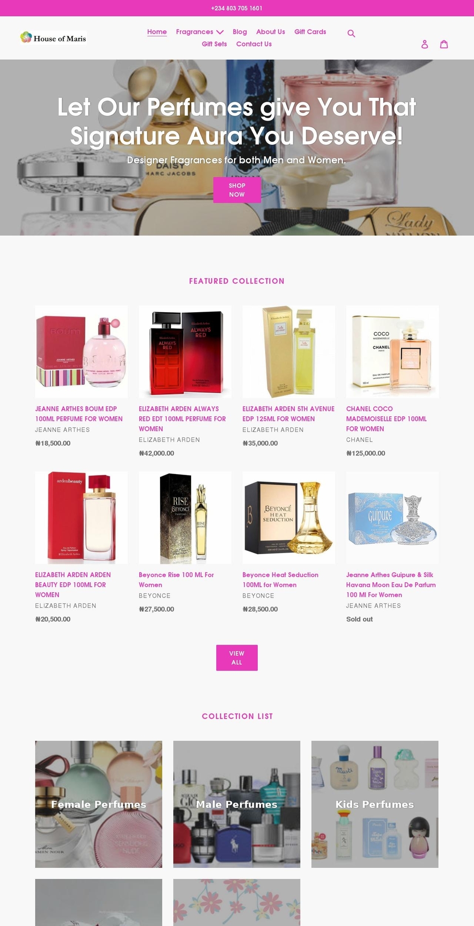 houseofmaris.com shopify website screenshot