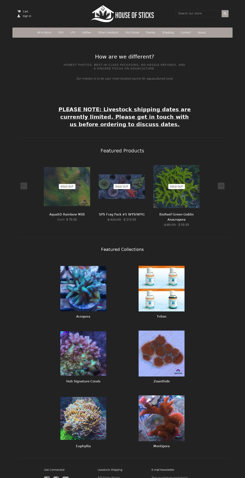 houseofstickscoral.com — Shopify storefront screenshot