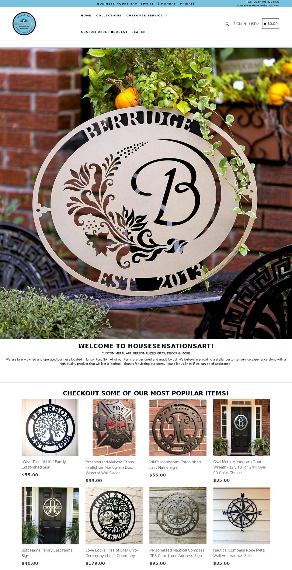 housesensationsmetalart.com — Shopify storefront screenshot