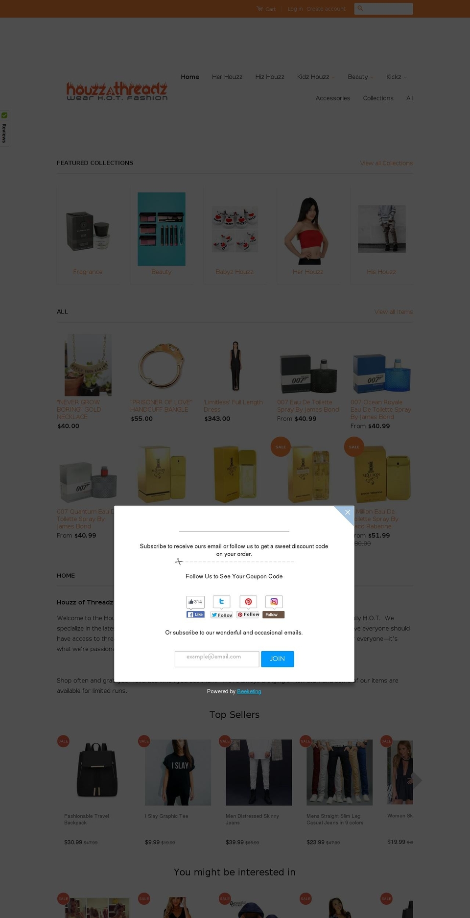 houzzofthreadz.com shopify website screenshot