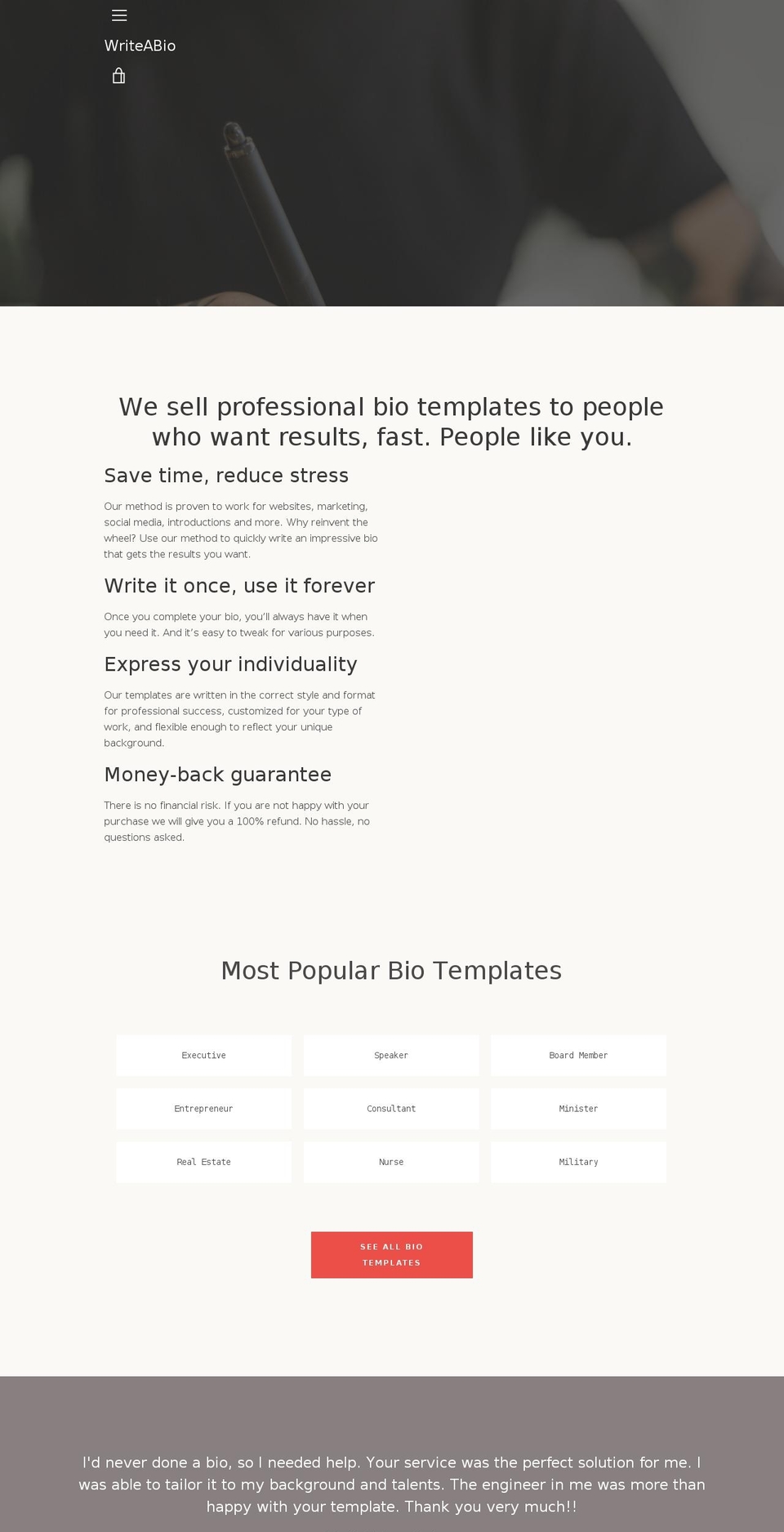 howtowriteabio.com — Shopify storefront screenshot