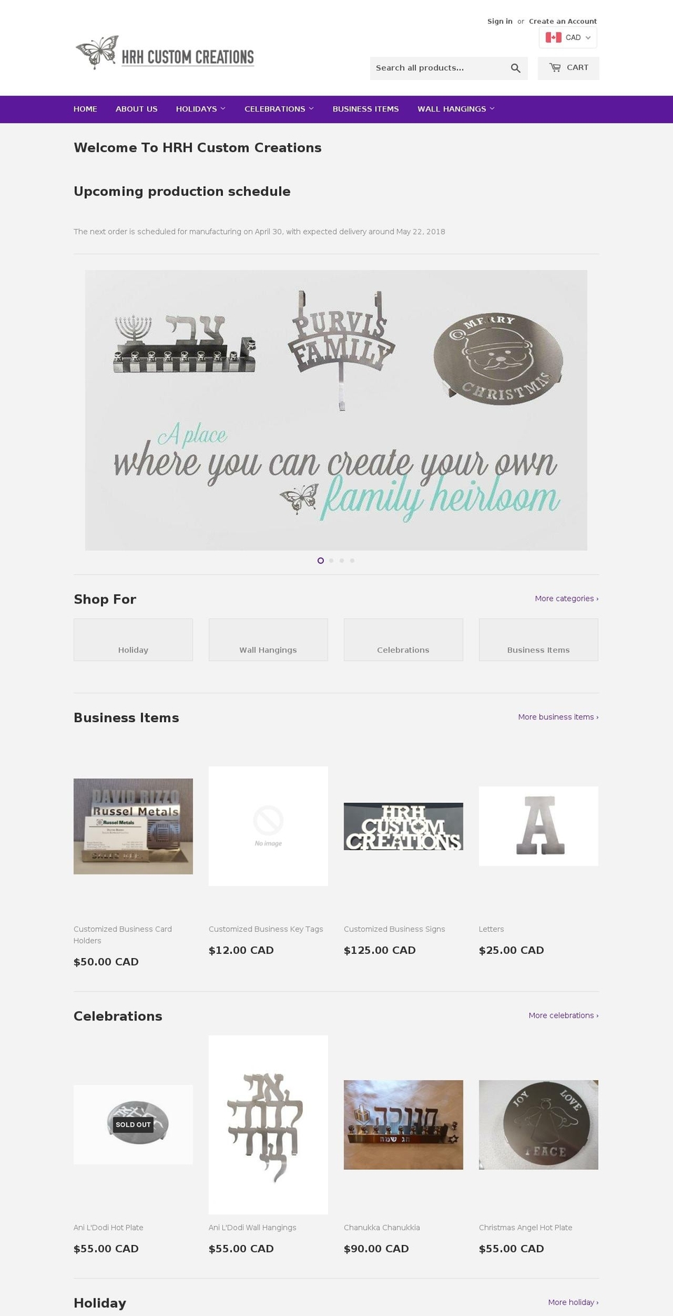 hrhcustomcreations.com shopify website screenshot