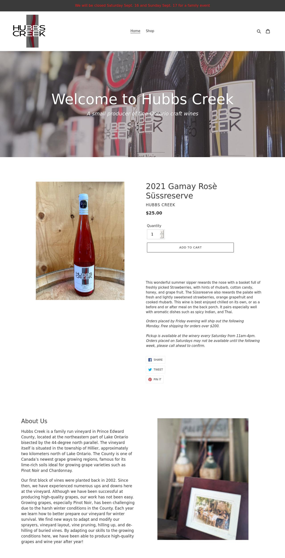 hubbscreekvineyard.ca shopify website screenshot