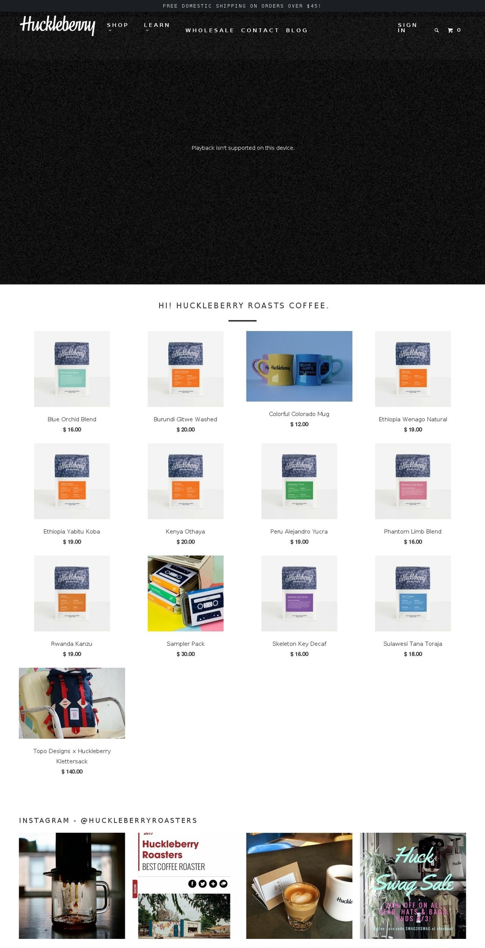 huckleberryroasters.com shopify website screenshot