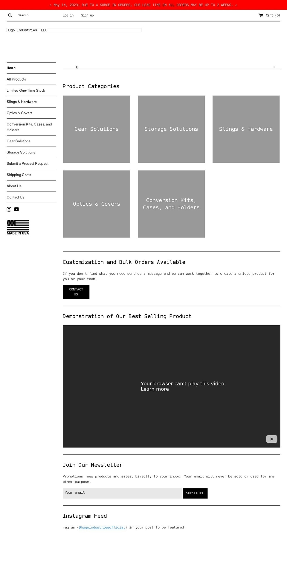 hugoindustries.com shopify website screenshot