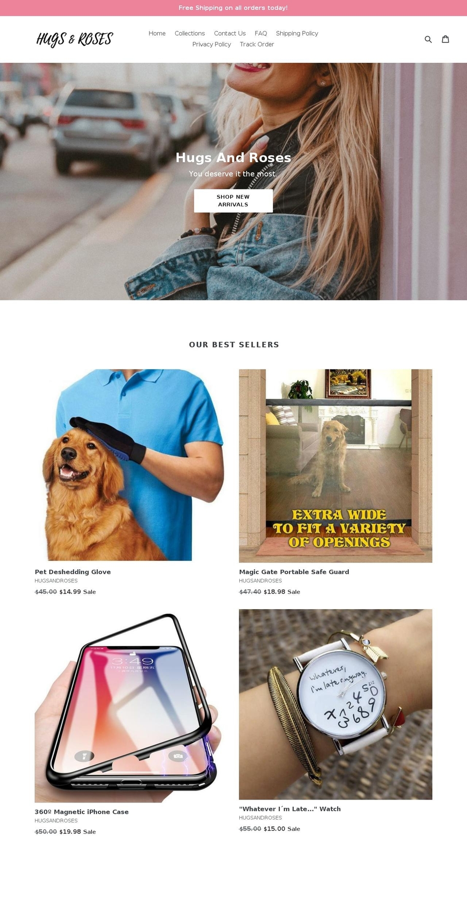 hugsandroses.com — Shopify storefront screenshot