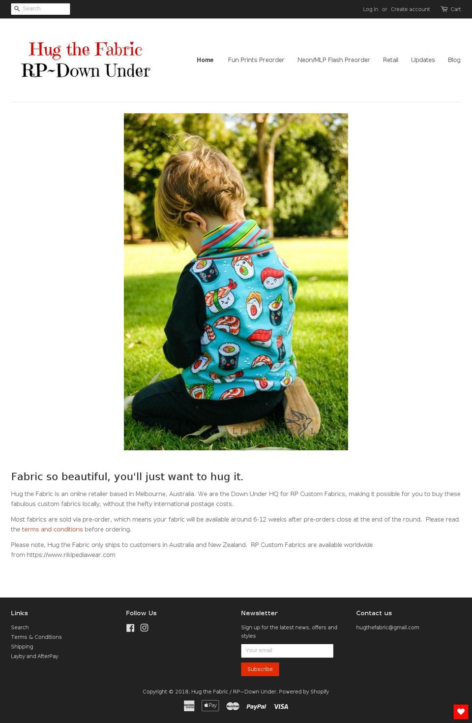 hugthefabric.com.au shopify website screenshot