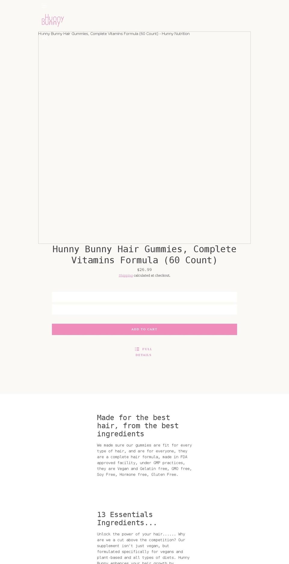 hunnynutrition.com shopify website screenshot