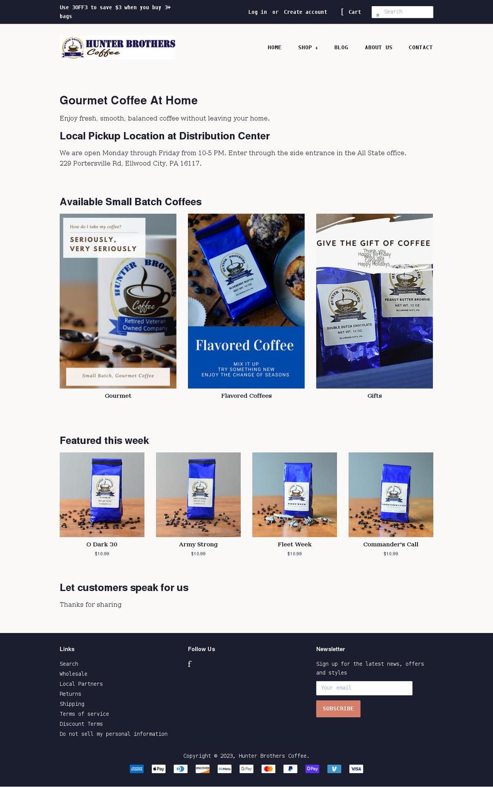 hunterbrotherscoffee.com shopify website screenshot