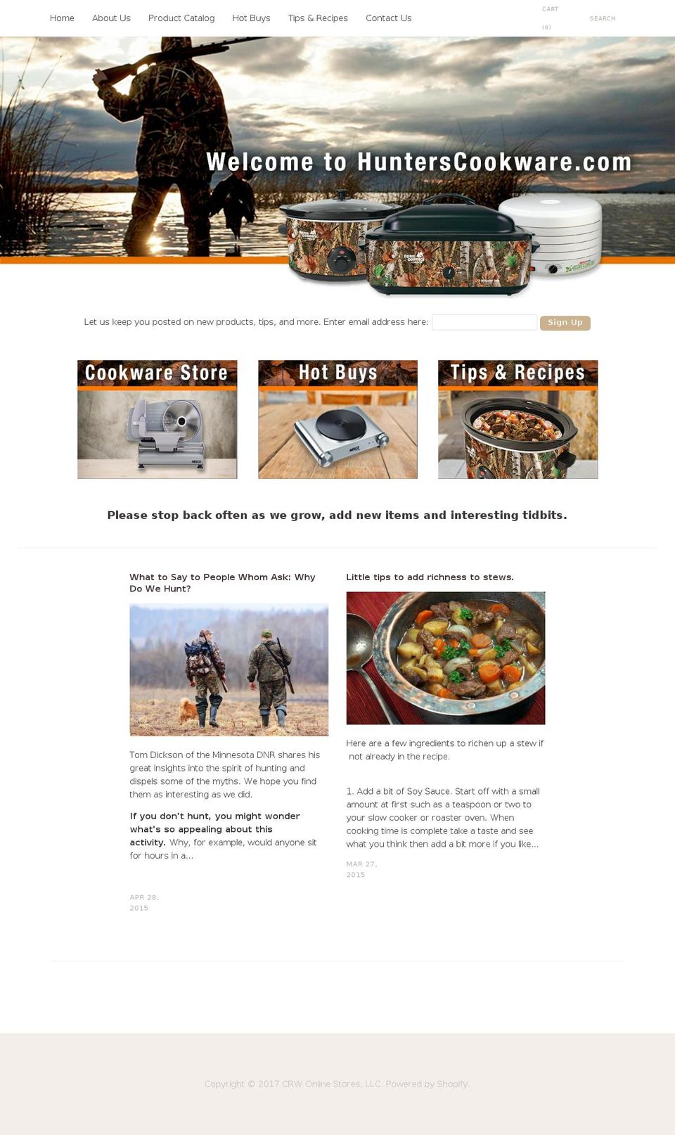 Cypress Shopify theme site example hunterscookware.com