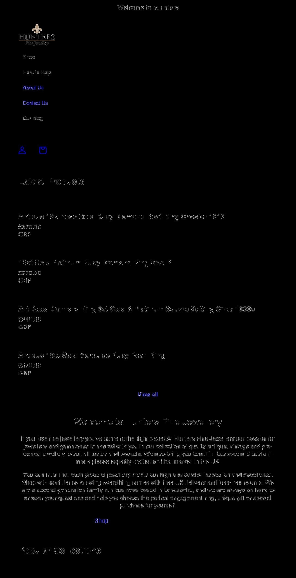 huntersfinejewellery.com shopify website screenshot
